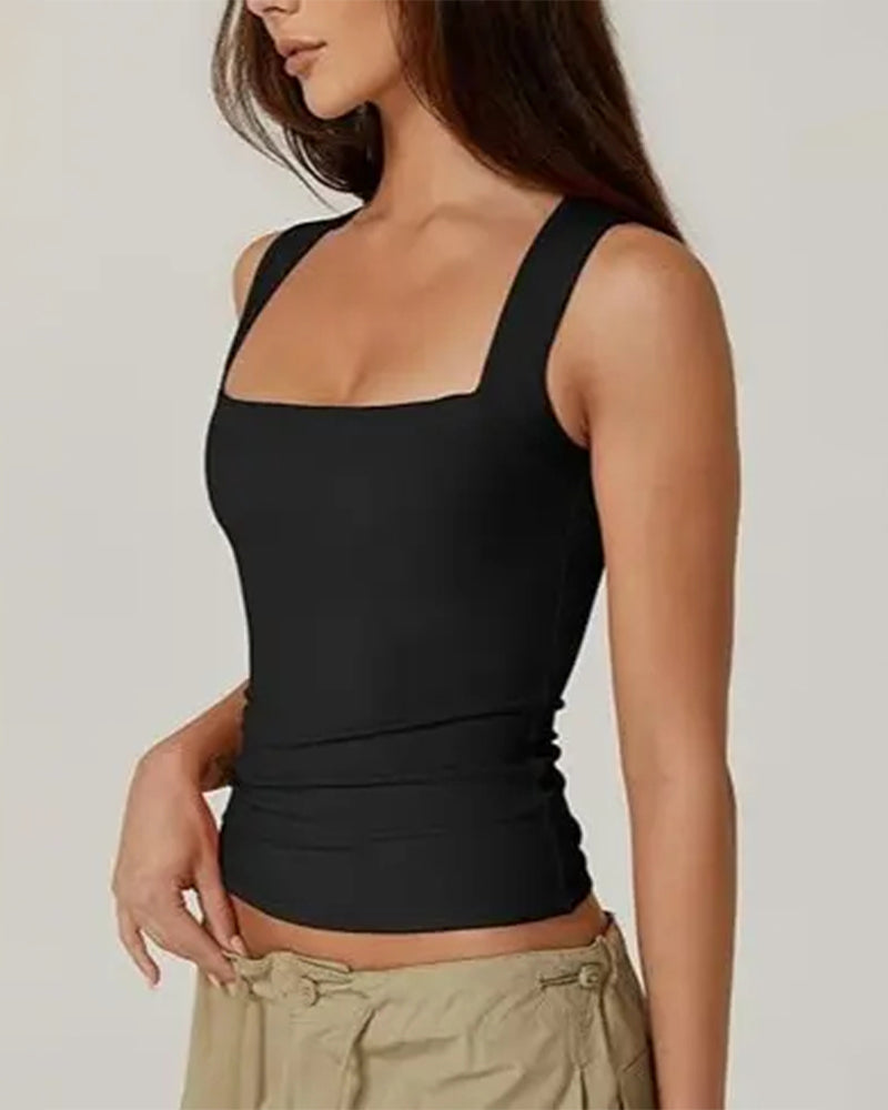 Tank Top Firkantet Hals Ribbet Ensfarvet