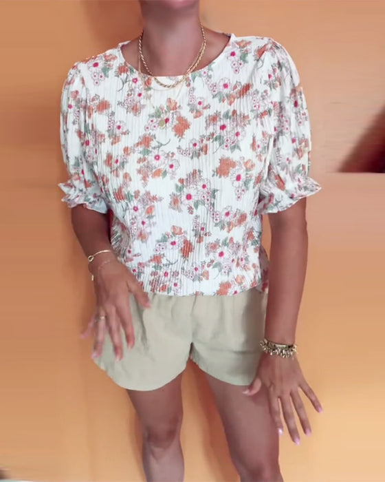 Bluse Rund Hals Blomstret Kort Ærme