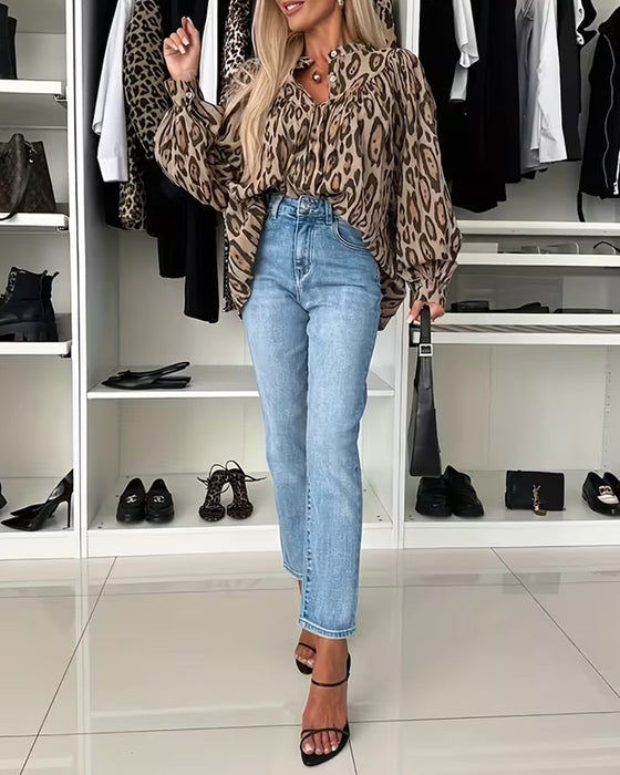 Langærmet Leopardprint Bluse