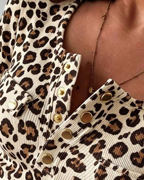 Bluse Henley Hals Leopard Tryk Kort Ærme