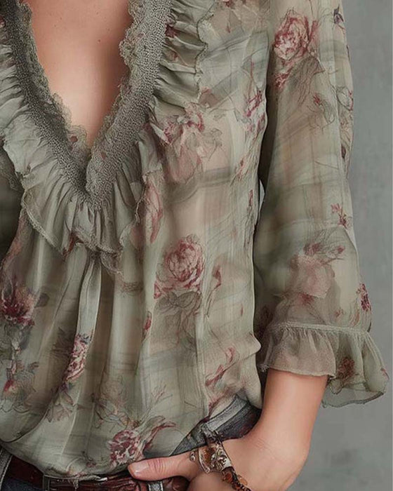 Bluse Blomstret V-Hals Rysjet