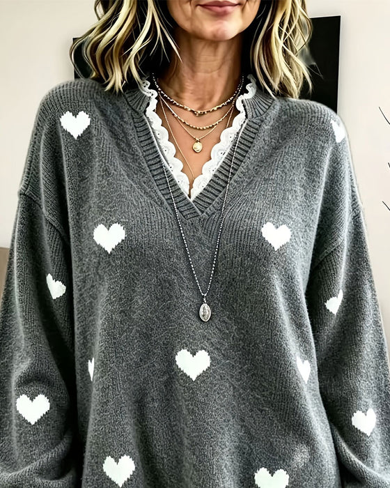 Sweater Hjerte Tryk V-hals