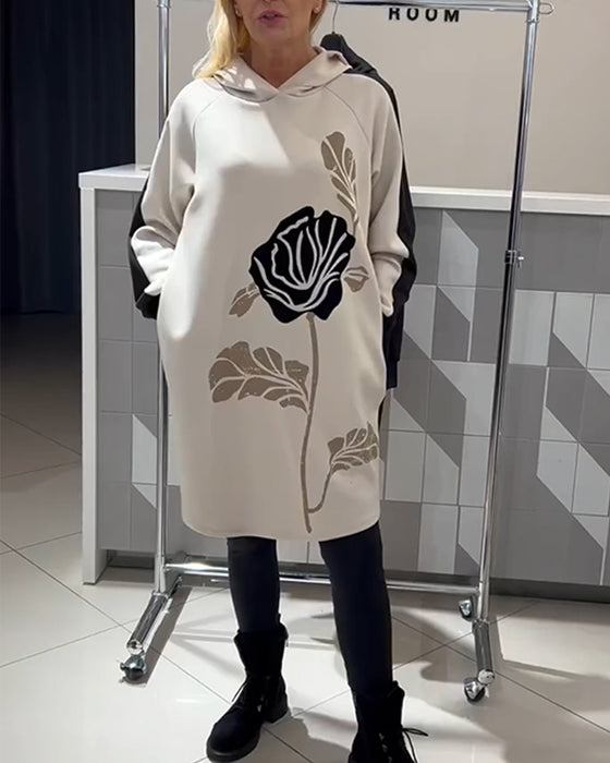 Kjole Med Hætte Farveblok Blomstertryk