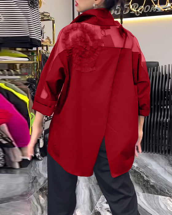 Blomsterbluse med lapel og blondepanel