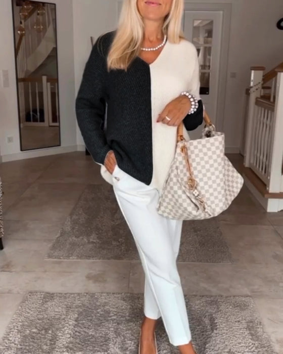 V-hals farveblok sweater