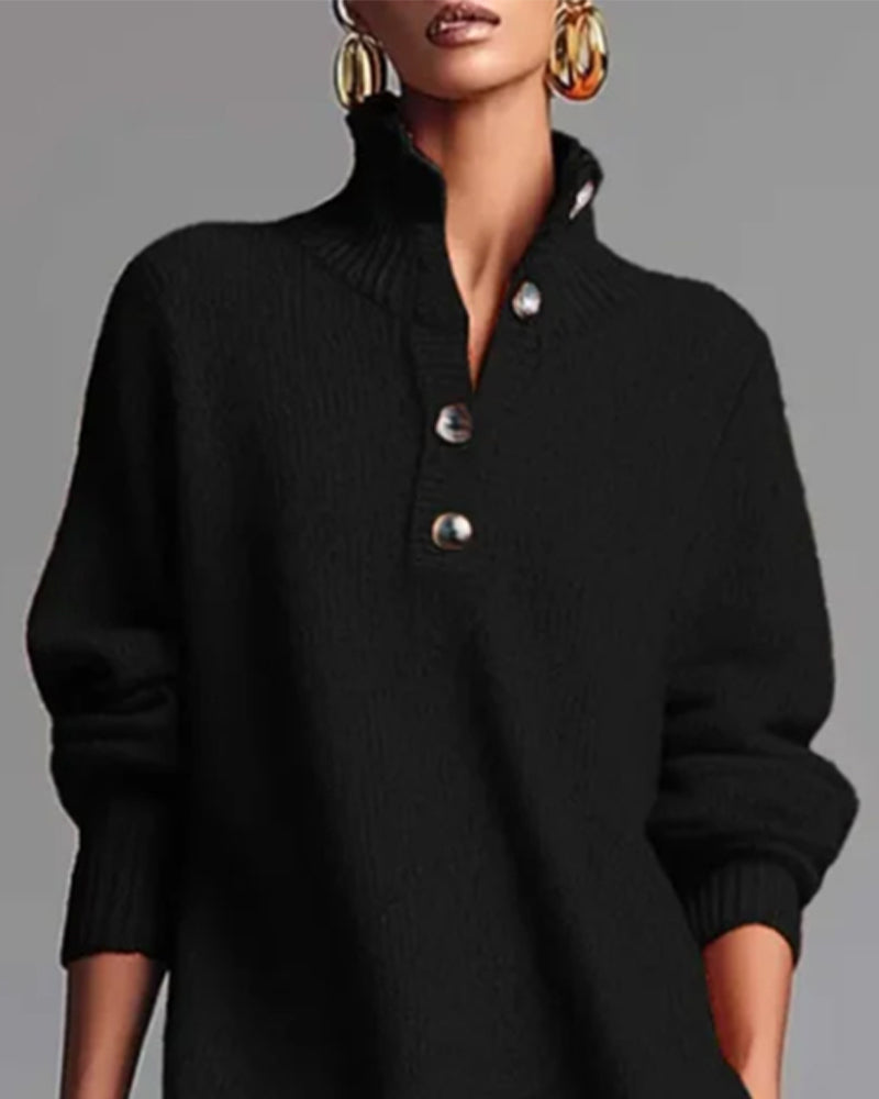 Ensfarvet Kjole Med Knapper Og Høj Hals