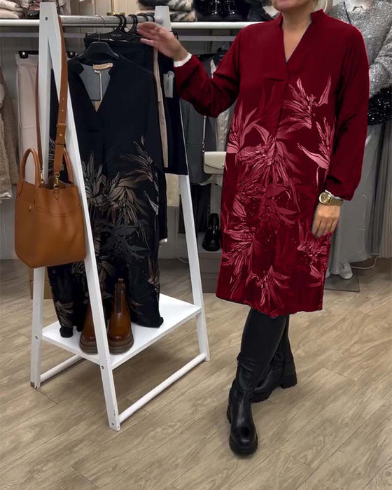 Kjole V-hals Blad Print Langærmet