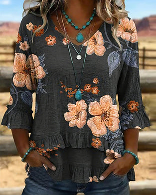 Bluse V-Udskæring Vintage Blomstret Loose Fit