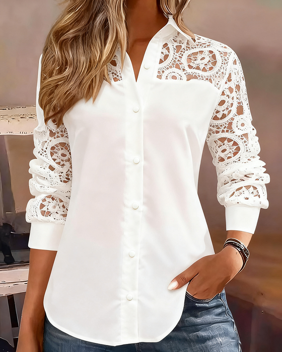 Bluse Ensfarvet Lapeler Blonder Patchwork