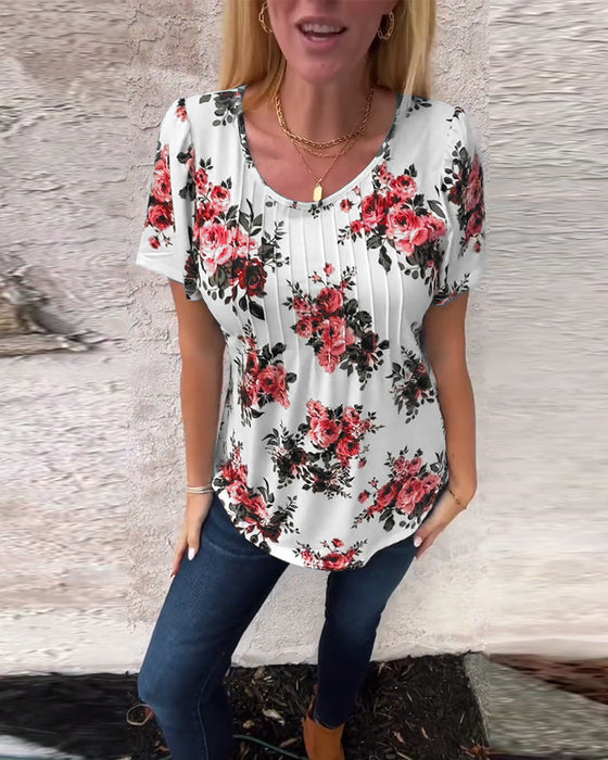 T-Shirt Med Rund Hals Blomsterprint Plisseret