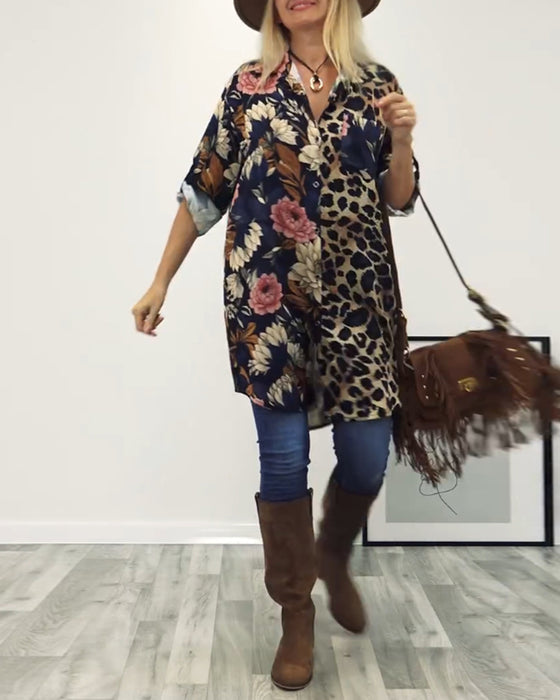 Revers patchworkskjorte med leopardprint