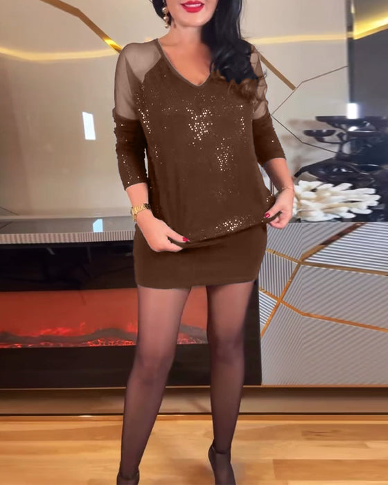 Top sexet v-hals mesh og ensfarvet pailletter