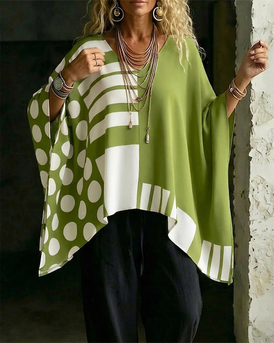 Bluse Polka Dot Stribe Patchwork V Halsudskæring