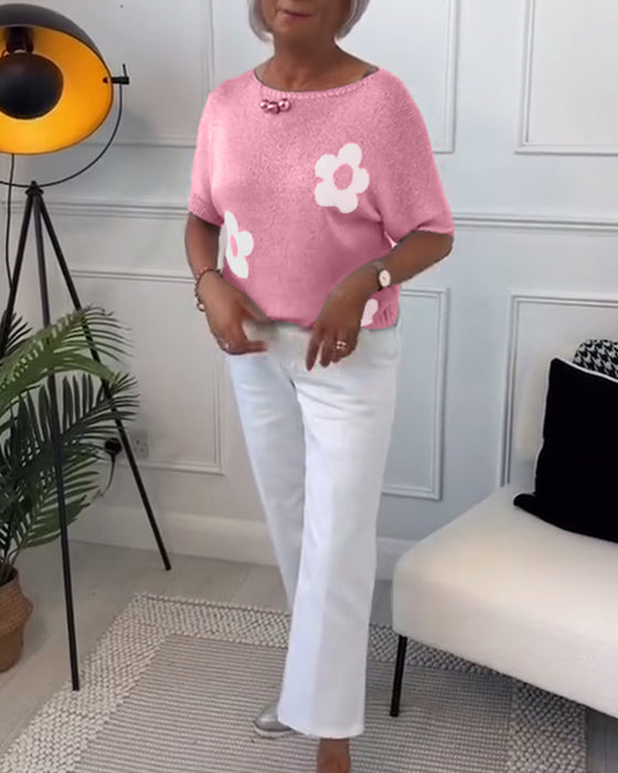 Slim fit striktrøje med rund hals og blomstermotiver