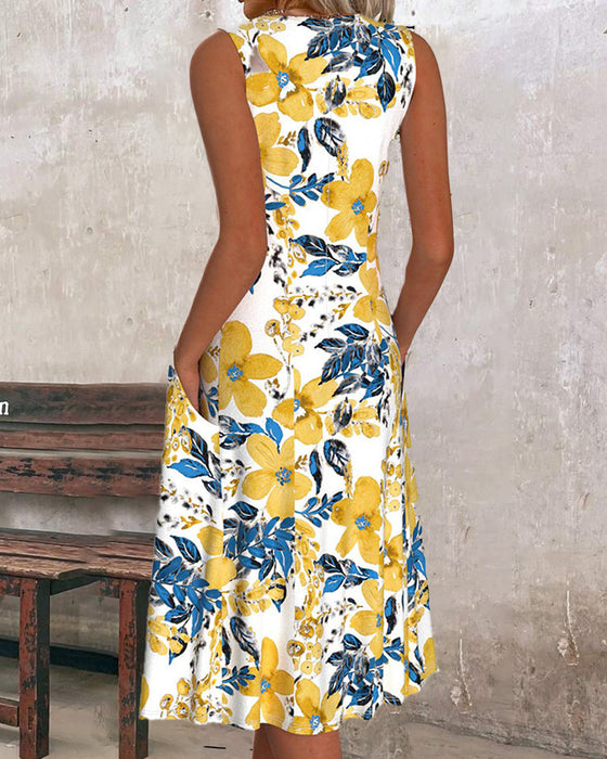 Ærmeløs kjole med blomsterprint og lomme