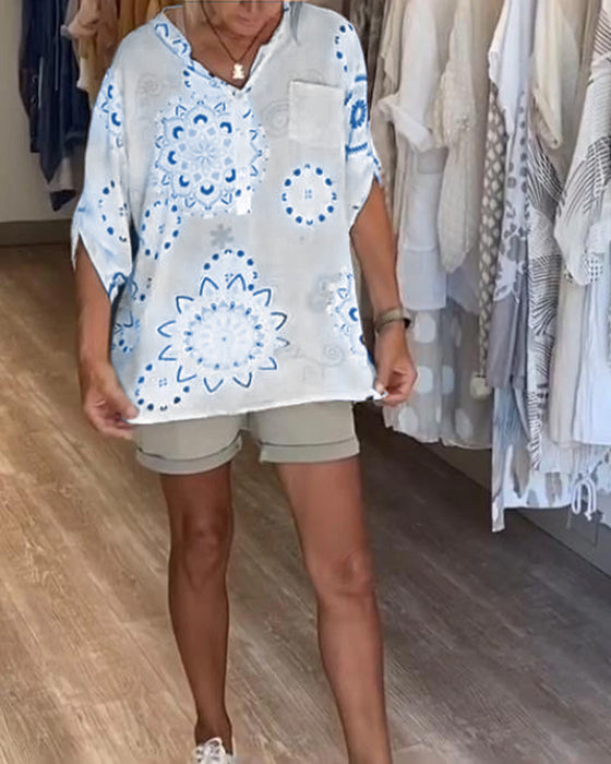 Bluse Alsidig V-Hals Printet Halve Ærmer