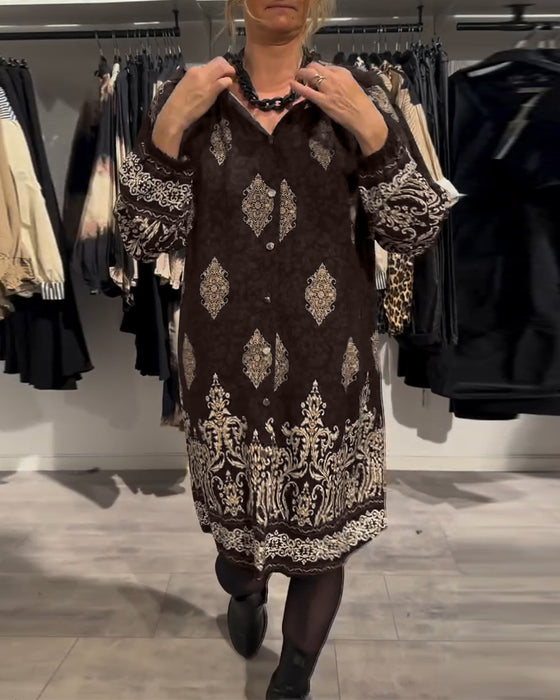 Revers-kjole med vintage-print med knapper