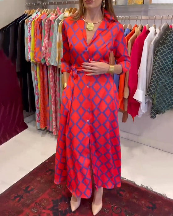 Skjortekjole med V-udskæring og 3/4 ærmer