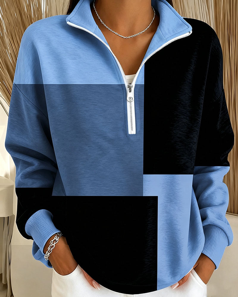 Sweatshirt Ternet Farveblok Lynlås Ståkrave
