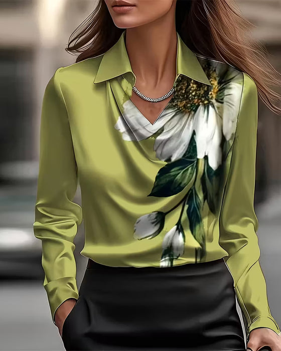 Bluse Lapel Lige Skulder Trykt