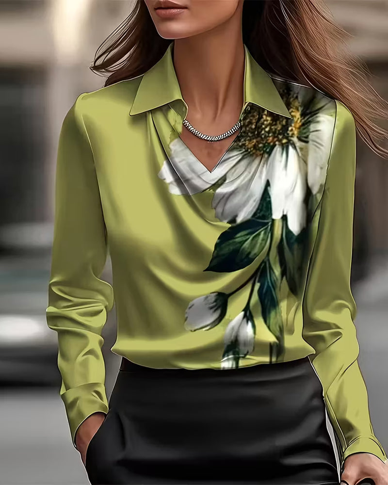 Bluse Lapel Lige Skulder Trykt