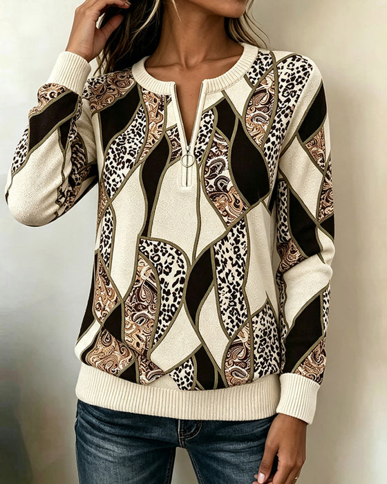 Sweatshirt Rund Hals Lynlås Leopardmønster Patchwork