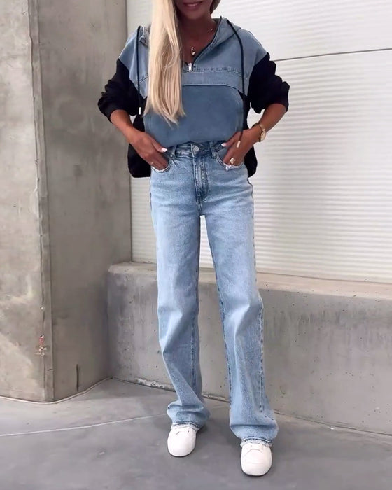 Patchwork denim hættetrøje med lynlås