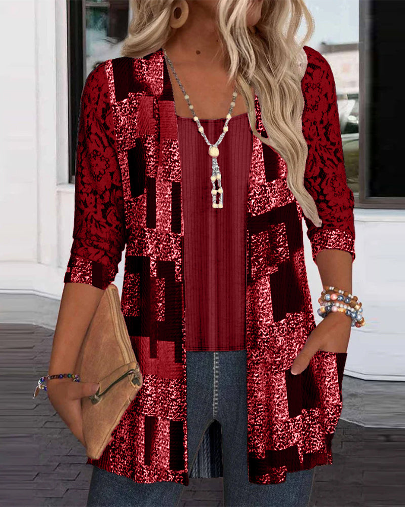 Langærmet Bluse Med Tryk Og Faux To-Delts Udseende