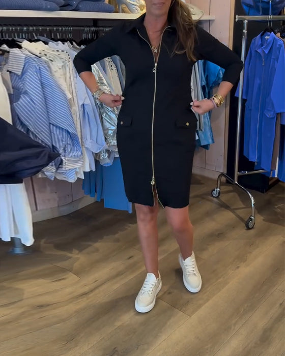 Kjole Revers Ensfarvet Lynlås Lang Ærme