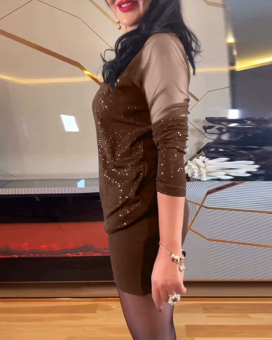 Top sexet v-hals mesh og ensfarvet pailletter