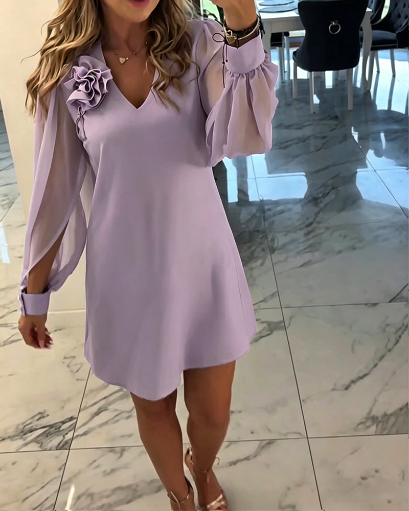 Kjole Tredimensionel Blomst V-hals Lygte Ærme