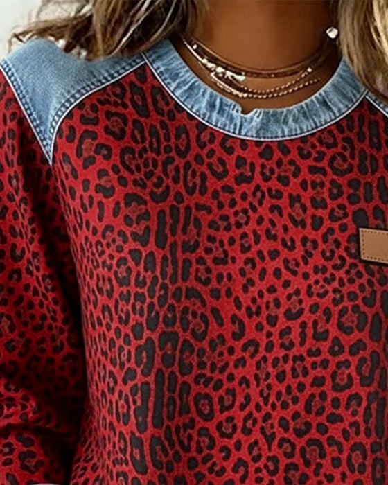 Sweatshirt Leopardtryk Denim Patchwork