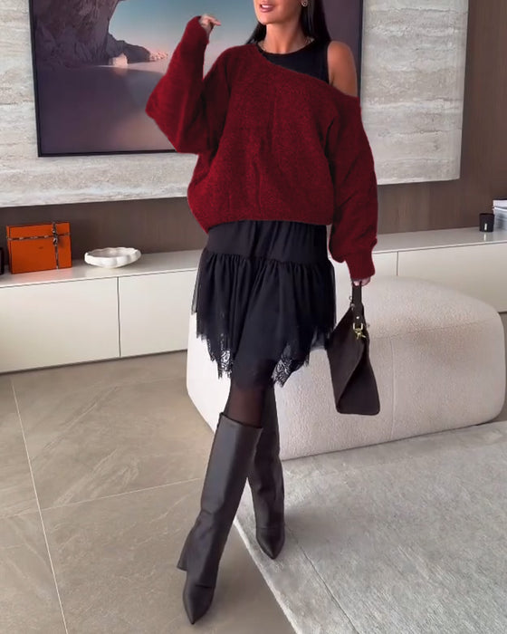 Off-Shoulder Løstsiddende Sweater & Blonder Kant Kjole