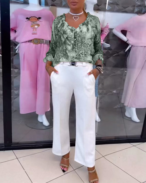 Bluse Med V-Hals Blomsterprint