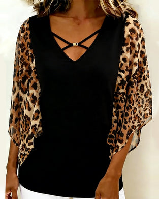 Bluse Flagermusærme Leopardprint Patchwork