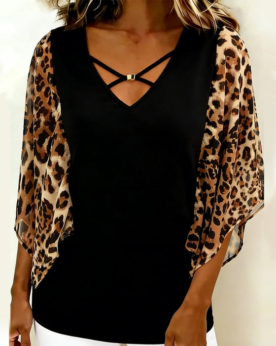 Bluse Flagermusærme Leopardprint Patchwork