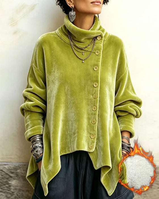 Top Stående Krave Diagonal Knap Uregelmæssig