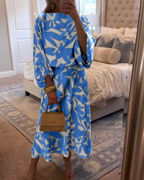 Sæt Kjole Afslappet Trykt Lanterneærmer Temperament