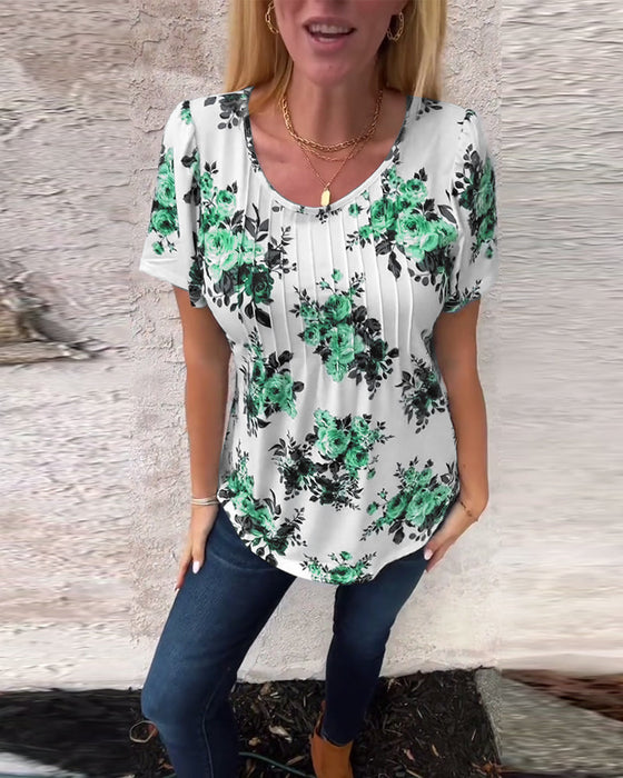 T-Shirt Med Rund Hals Blomsterprint Plisseret
