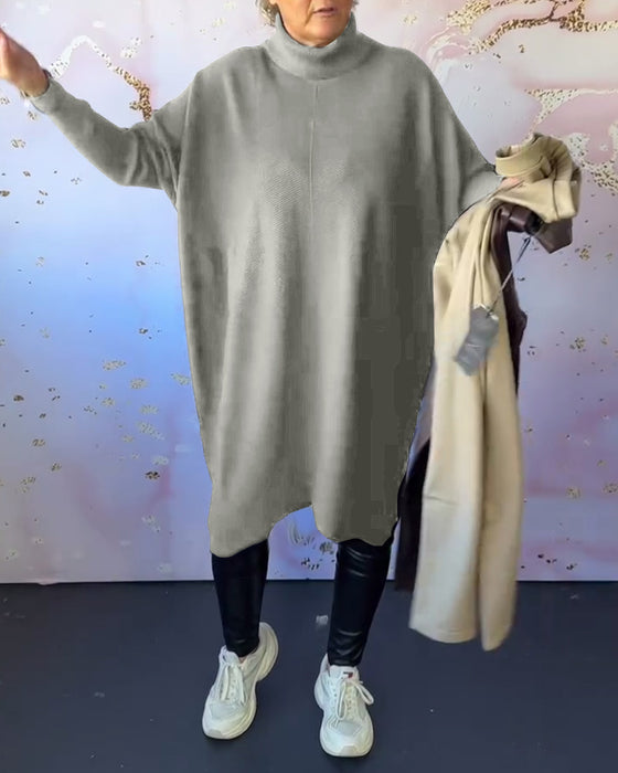 Afslappet ensfarvet langærmet pullover med høj krave