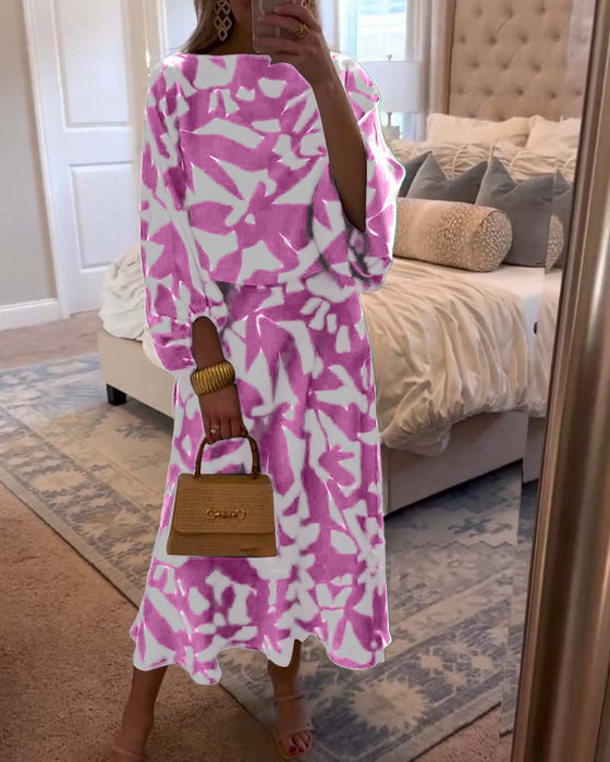 Sæt Kjole Afslappet Trykt Lanterneærmer Temperament