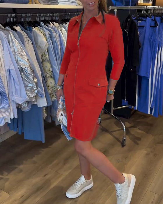 Kjole Revers Ensfarvet Lynlås Lang Ærme