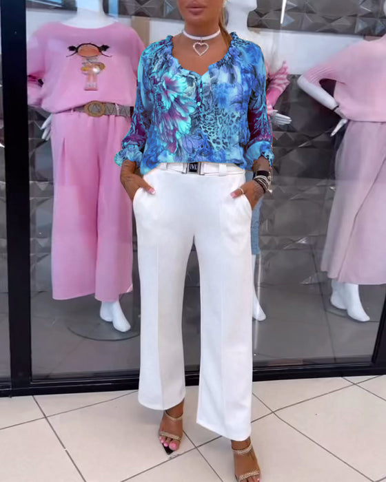 Bluse Med V-Hals Blomsterprint