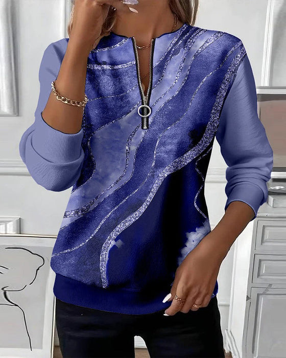 Sweatshirt Med Halv Lynlås Og Vintageprint