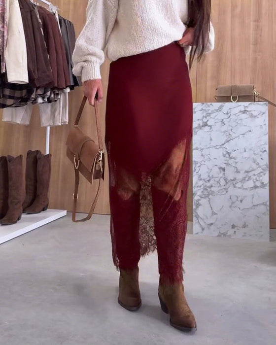 Elegant Satin Nederdel Med Blondepatchwork