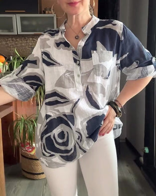 Bluse afslappet standkrave trykt