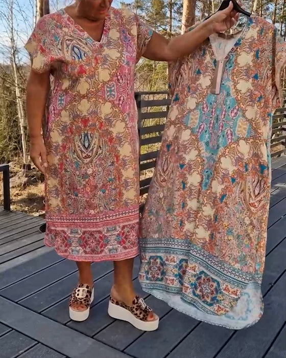 Kjole V-Hals Korte Ærmer Mønstret Løs