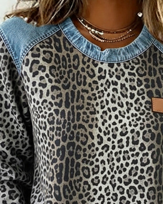 Sweatshirt Leopardtryk Denim Patchwork