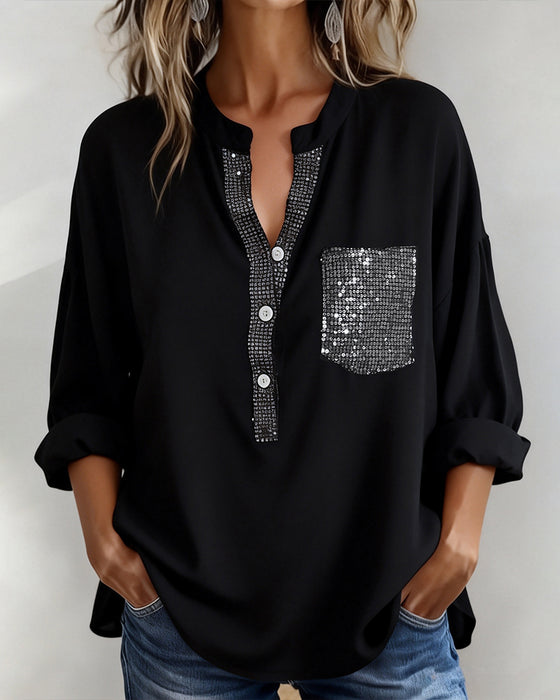 Casual Top Paillet Patchwork Løs