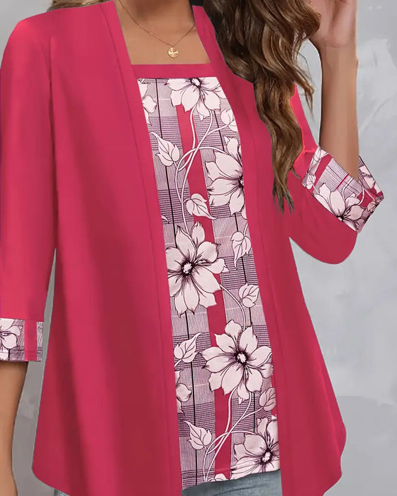 Printet Top Med Lange Ærmer Falsk Todelt Design